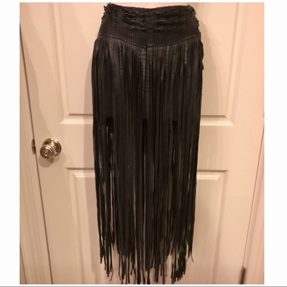 Rocker Chic Boho Woven Fringe Vegan Leather Skirt - Picture 3 of 4
